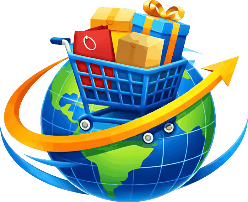 Globo terráqueo con un carrito de compras lleno de cajas, símbolo de RUCEG
